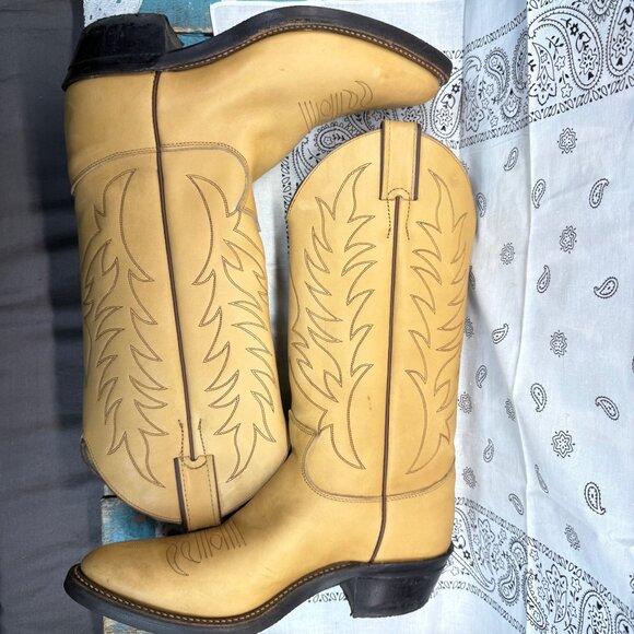 Vtg Justin Mule Hide Tan Western Work Cowboy Boots Mens 7.5D USA Made Cushioned - Picture 7 of 11